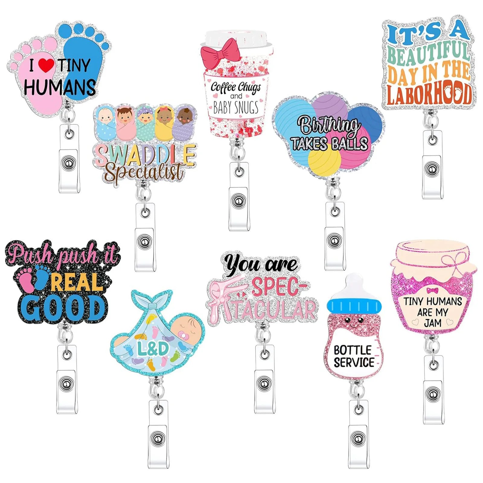Baby Footprint Bottle Medical Acrylic Glitter Retractable Badge Reel Rotating Crocodile Clip Id Badge Holder For Doctor Nurse