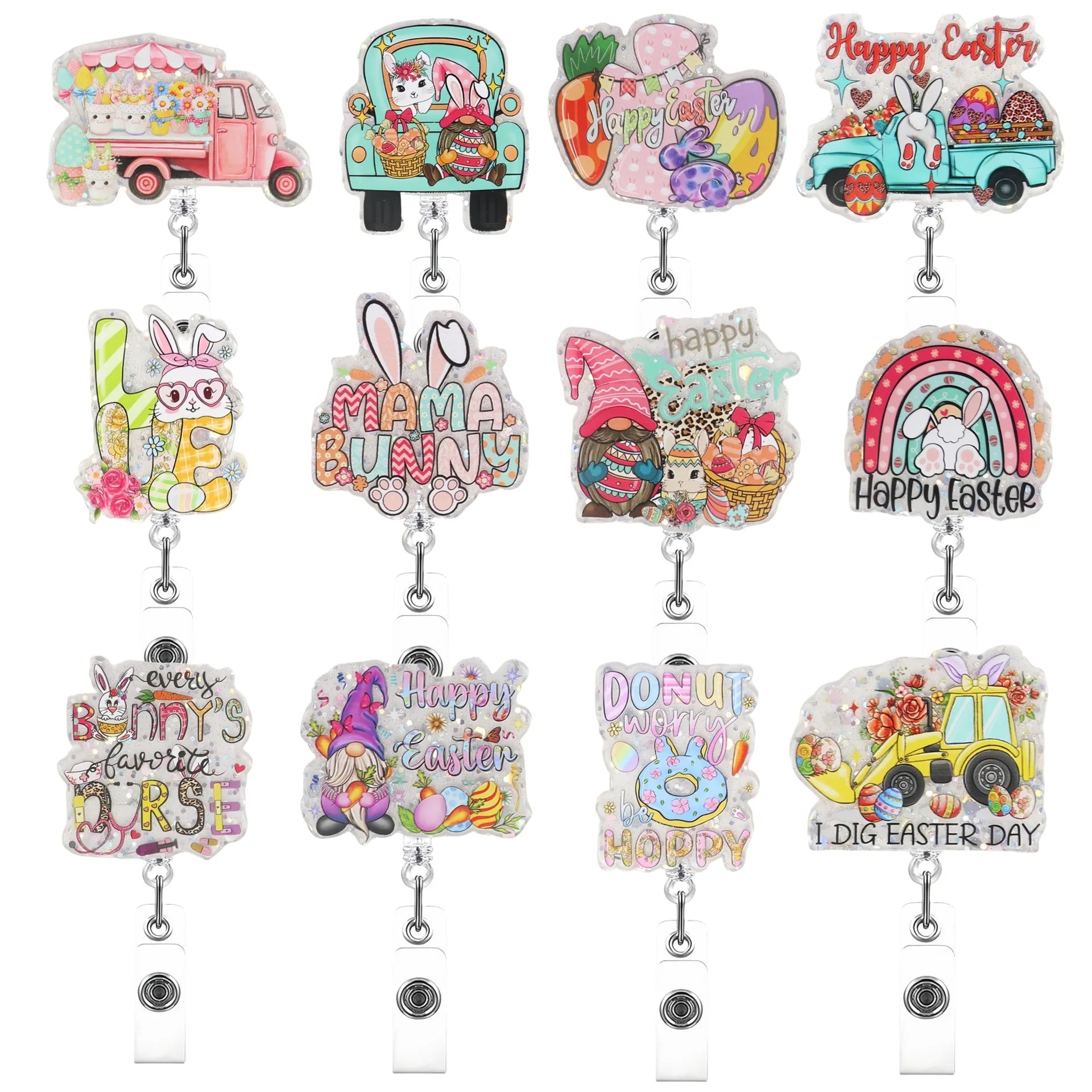Glitter Easter Acrylic Retractable Nurse Badge Reel with Alligator Clip Bunny Carrot Egg Cute Badge ID for Nurse Employee Gift