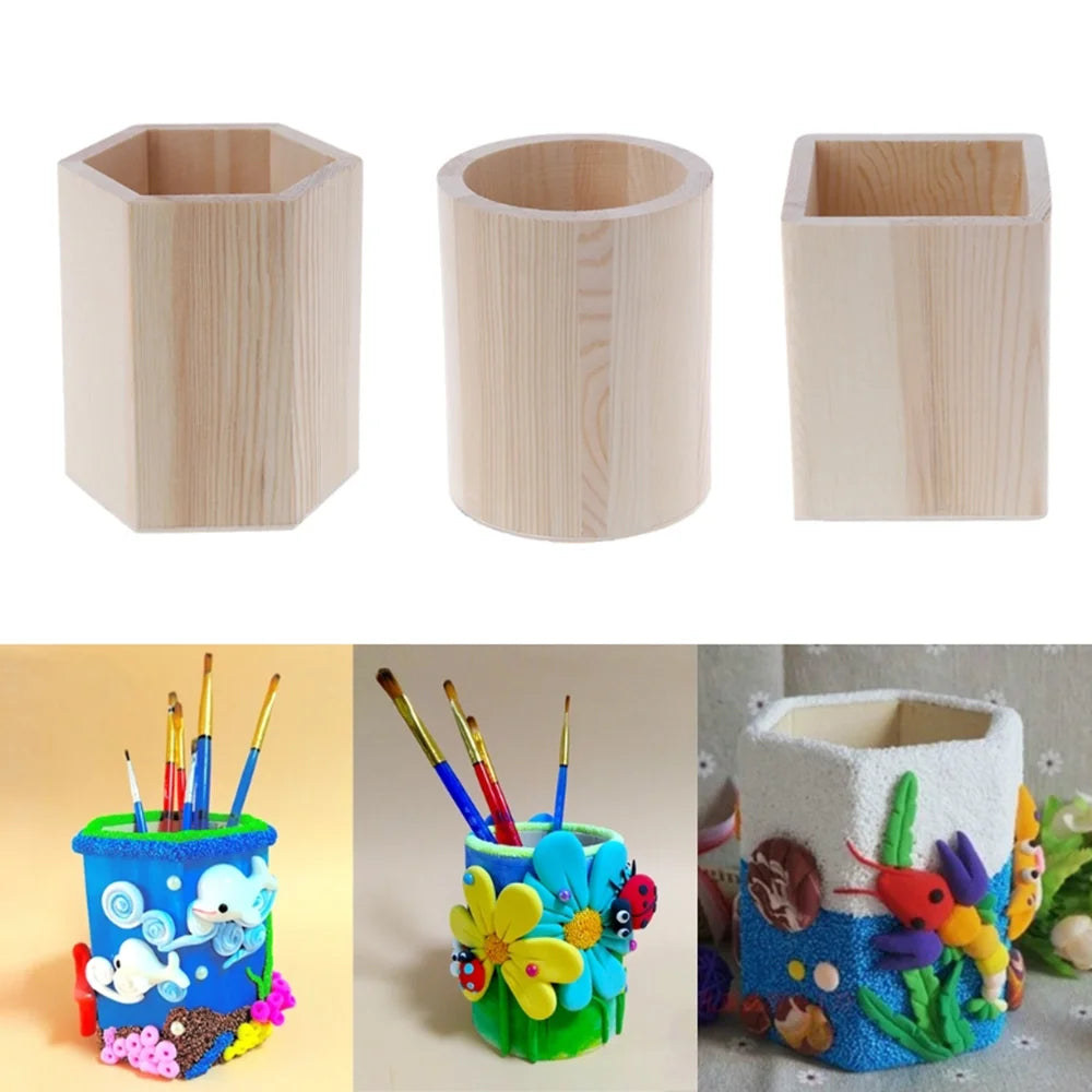 DIY Office Organizer Desktop Wooden Pen Storage Box Pencil Pot Pen Holder Makeup Brush Container Home School Stationery Supplies