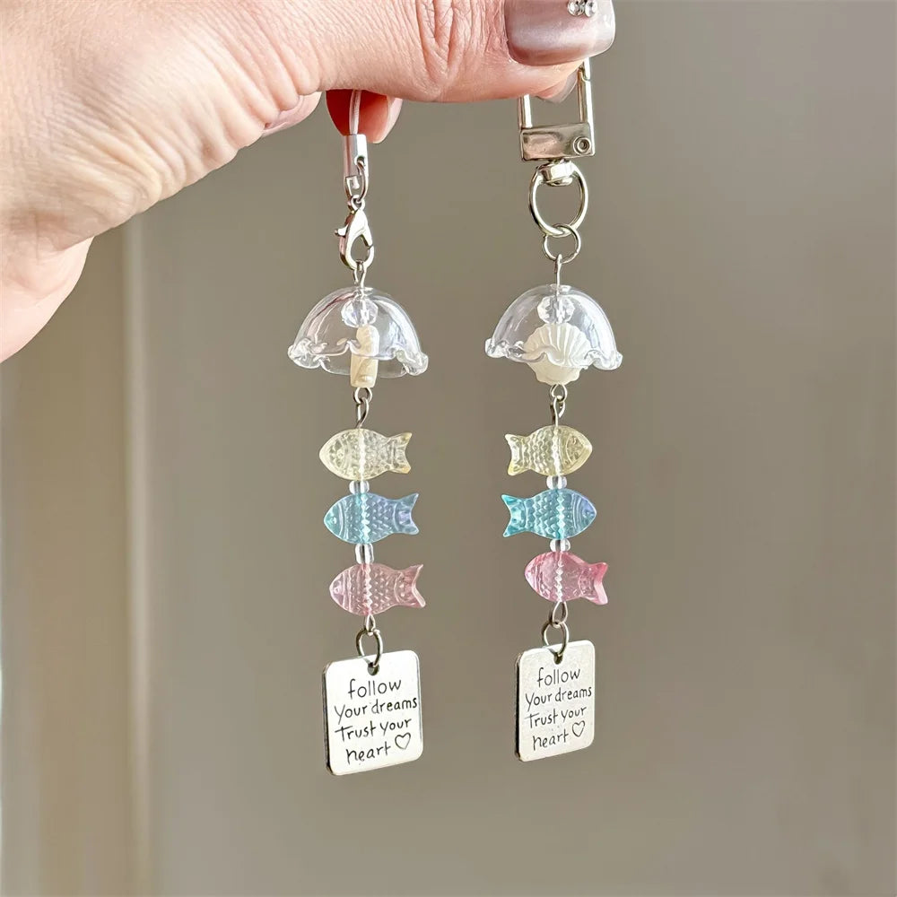 Blue Ocean Fish Phone Charms Pendant Kawaii Beaded keychain Windbell Girl Lanyard Strap Schoolbag Ornament Decorative Gift Chain