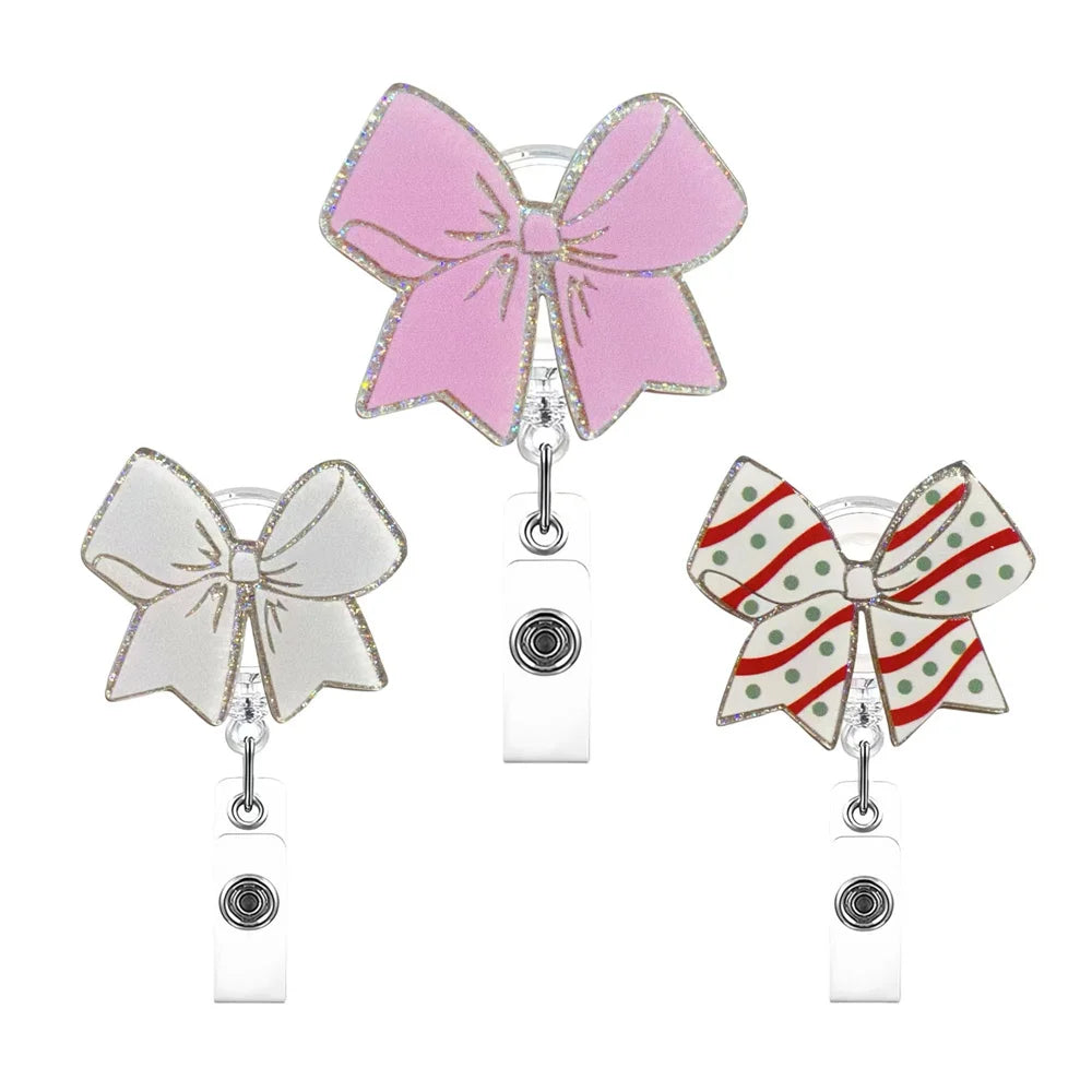 Bow Badge Reel for ID Card Badge 360 Degree Rotation Clip Sparkling Retractable Badge Holder Clip for Doctor Nurse Medical Staff