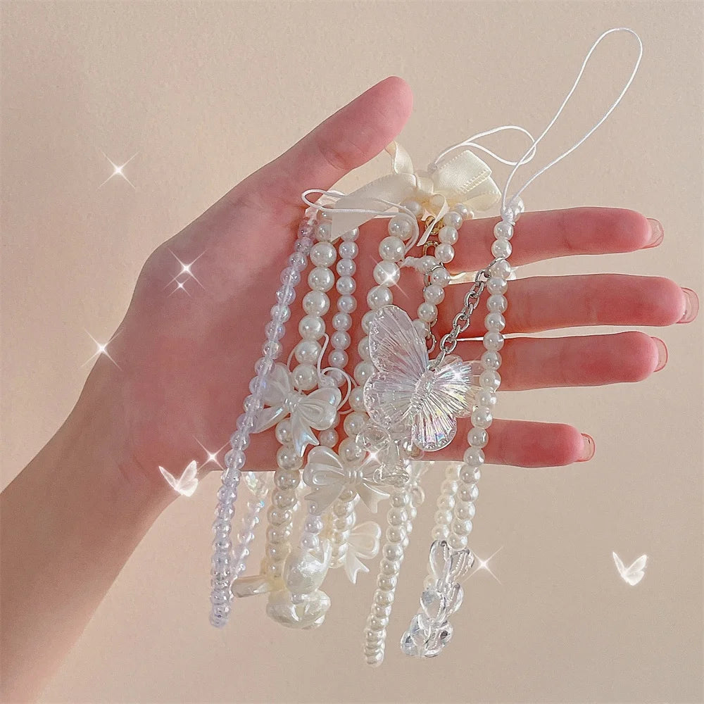 1Pc Pearl Bow Mobile Phone Lanyard DIY Handmade Beads Phone Strap Chain Lanyards Women Girls Pearl Rope for Phone Case Hanging